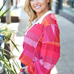 Be Bold Magenta Striped Button Down Placket Collared Top