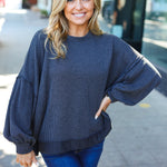 Weekend Ready Charcoal Mineral Wash Rib Pullover Top