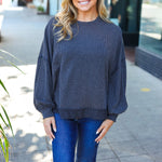 Weekend Ready Charcoal Mineral Wash Rib Pullover Top