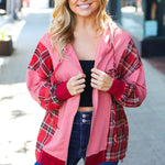 Adorable in Marsala Plaid Color Block Zipper French Terry Hoodie