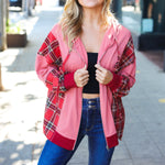 Adorable in Marsala Plaid Color Block Zipper French Terry Hoodie