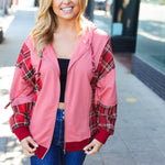 Adorable in Marsala Plaid Color Block Zipper French Terry Hoodie