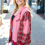 Adorable in Marsala Plaid Color Block Zipper French Terry Hoodie