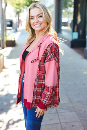 Adorable in Marsala Plaid Color Block Zipper French Terry Hoodie