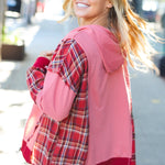 Adorable in Marsala Plaid Color Block Zipper French Terry Hoodie