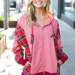 Adorable in Marsala Plaid Color Block Zipper French Terry Hoodie