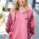 Adorable in Marsala Plaid Color Block Zipper French Terry Hoodie