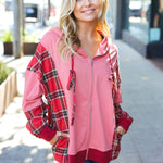 Adorable in Marsala Plaid Color Block Zipper French Terry Hoodie