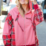 Adorable in Marsala Plaid Color Block Zipper French Terry Hoodie