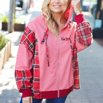 Adorable in Marsala Plaid Color Block Zipper French Terry Hoodie