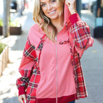 Adorable in Marsala Plaid Color Block Zipper French Terry Hoodie