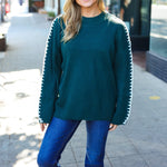 Fall Vibes Hunter Green Rib Knit Large Stitch Oversized Sweater