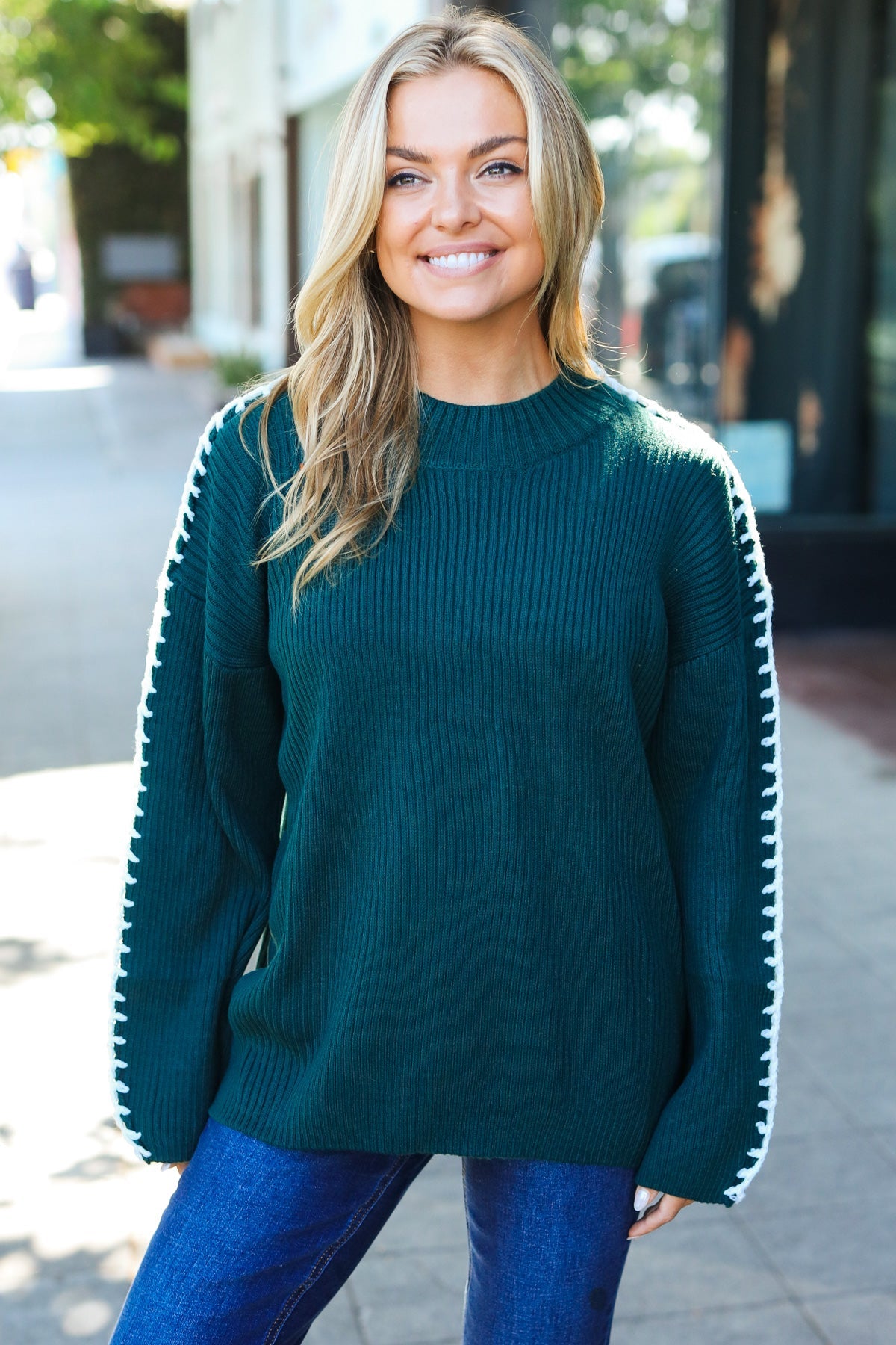 Fall Vibes Hunter Green Rib Knit Large Stitch Oversized Sweater