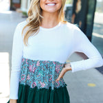 Charming Hunter Green Floral Frill Tiered Color Block Top