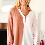 Start Your Day Rust Half & Half Collared Notched Neck Top