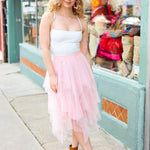 Feeling Femme' Blush Asymmetric Tiered Tulle Midi Skirt