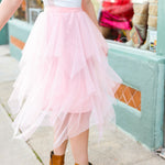 Feeling Femme' Blush Asymmetric Tiered Tulle Midi Skirt