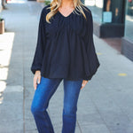 Simple Elegance Black V Neck Babydoll Woven Top