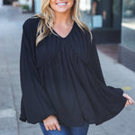 Simple Elegance Black V Neck Babydoll Woven Top