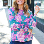 Feeling Femme Teal Floral Brushed Hacci Sweater Top