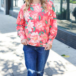 Feeling Femme Red Floral Brushed Hacci Sweater Top