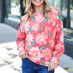 Feeling Femme Red Floral Brushed Hacci Sweater Top