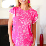 Follow Me Fuchsia Floral Ric Rac Trim Flutter Sleeve Top