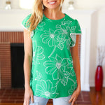 Follow Me Emerald Floral Ric Rac Trim Flutter Sleeve Top