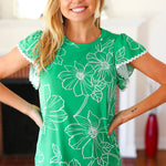 Follow Me Emerald Floral Ric Rac Trim Flutter Sleeve Top