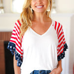 Feeling Patriotic Stars & Stripes Flutter Sleeve V Neck Top