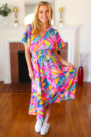 Tropical Trance Fuchsia Floral Smocked Waist Maxi Dress