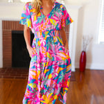 Tropical Trance Fuchsia Floral Smocked Waist Maxi Dress