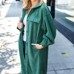 Turn Heads Forest Green Fleece Button Down Duster Jacket