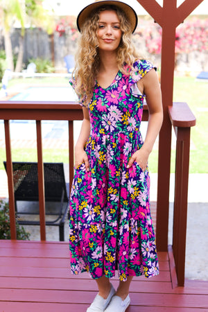 Diva Dreams Navy & Lilac Floral Fit & Flare Midi Dress