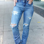 Judy Blue Medium Wash Mid Rise Distressed Straight Leg Jeans