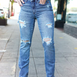 Judy Blue Medium Wash Mid Rise Distressed Straight Leg Jeans