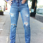 Judy Blue Medium Wash Mid Rise Distressed Straight Leg Jeans