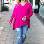 Be Bold Magenta Oversized V Neck Rib Knit Sweater