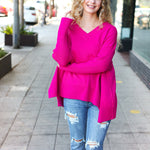 Be Bold Magenta Oversized V Neck Rib Knit Sweater