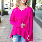 Be Bold Magenta Oversized V Neck Rib Knit Sweater