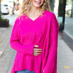 Be Bold Magenta Oversized V Neck Rib Knit Sweater