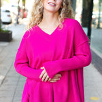 Be Bold Magenta Oversized V Neck Rib Knit Sweater