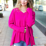 Be Bold Magenta Oversized V Neck Rib Knit Sweater