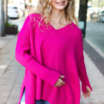 Be Bold Magenta Oversized V Neck Rib Knit Sweater