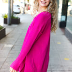 Be Bold Magenta Oversized V Neck Rib Knit Sweater