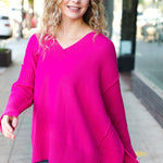 Be Bold Magenta Oversized V Neck Rib Knit Sweater