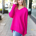 Be Bold Magenta Oversized V Neck Rib Knit Sweater