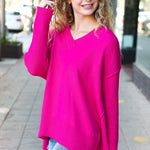 Be Bold Magenta Oversized V Neck Rib Knit Sweater