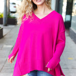 Be Bold Magenta Oversized V Neck Rib Knit Sweater