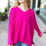 Be Bold Magenta Oversized V Neck Rib Knit Sweater